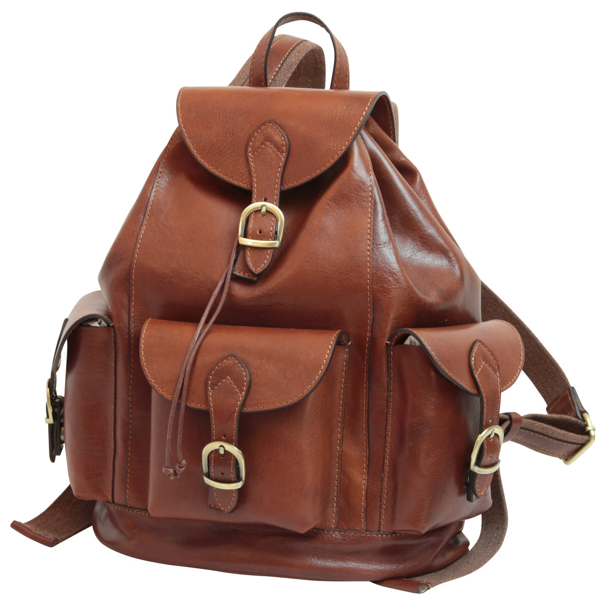 Leather backpack with 3 exterior pockets - Brown-0