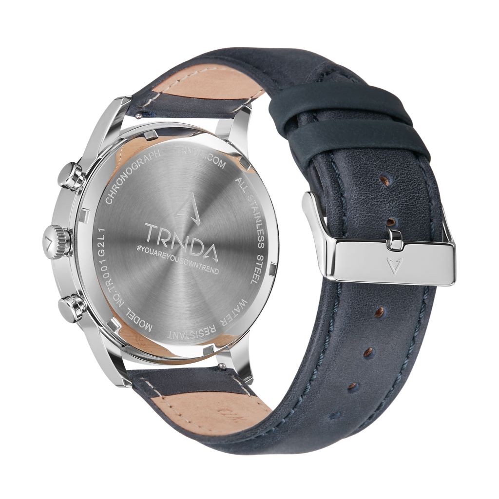 TRNDA Men's Stainless Steel Watch, Blue Leather Band | TRN-D43B-3