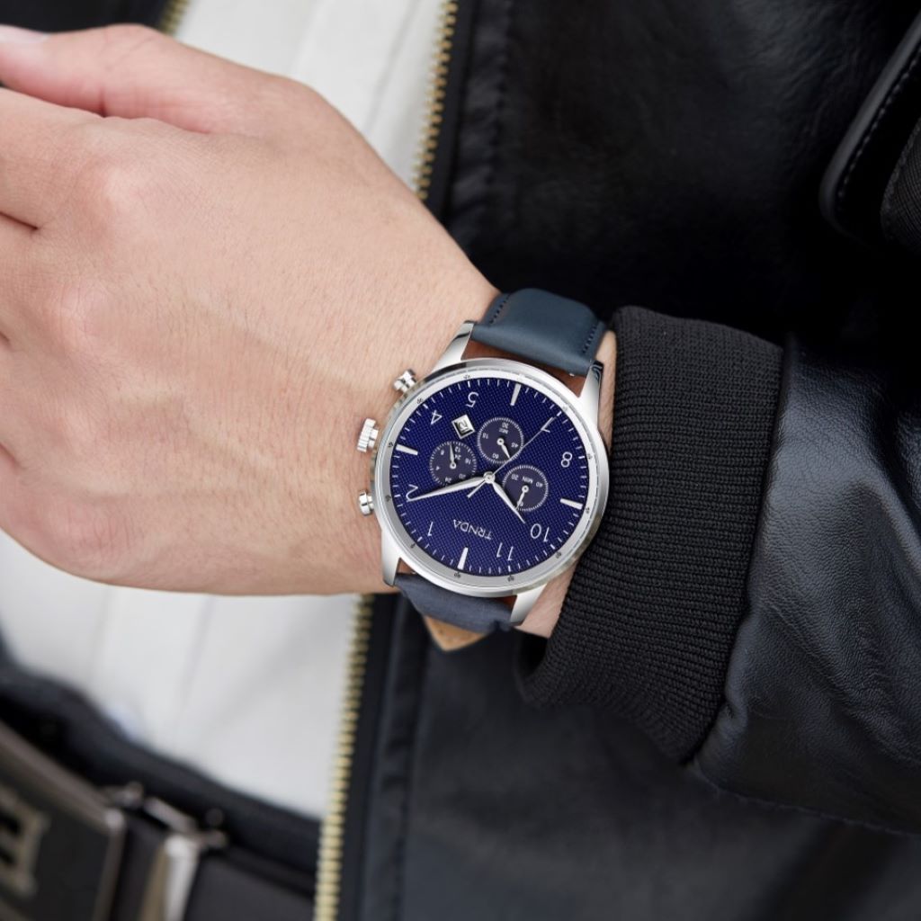 TRNDA Men's Stainless Steel Watch, Blue Leather Band | TRN-D43B-1