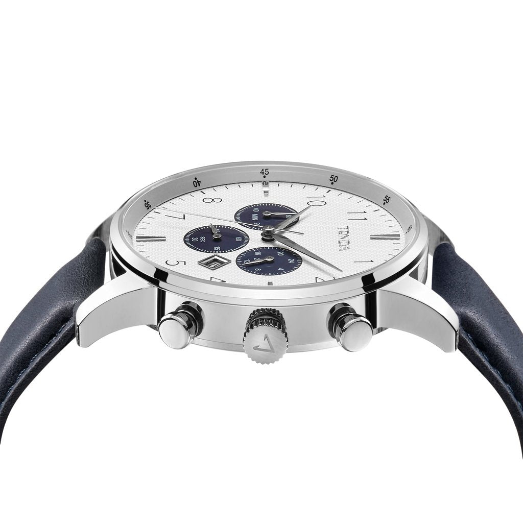 TRNDA Men's Stainless Steel Watch, Blue Leather Band | TRN43MM-2