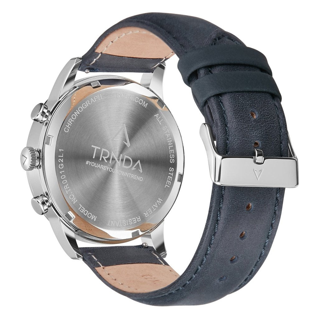 TRNDA Men's Stainless Steel Watch, Blue Leather Band | TRN43MM-3