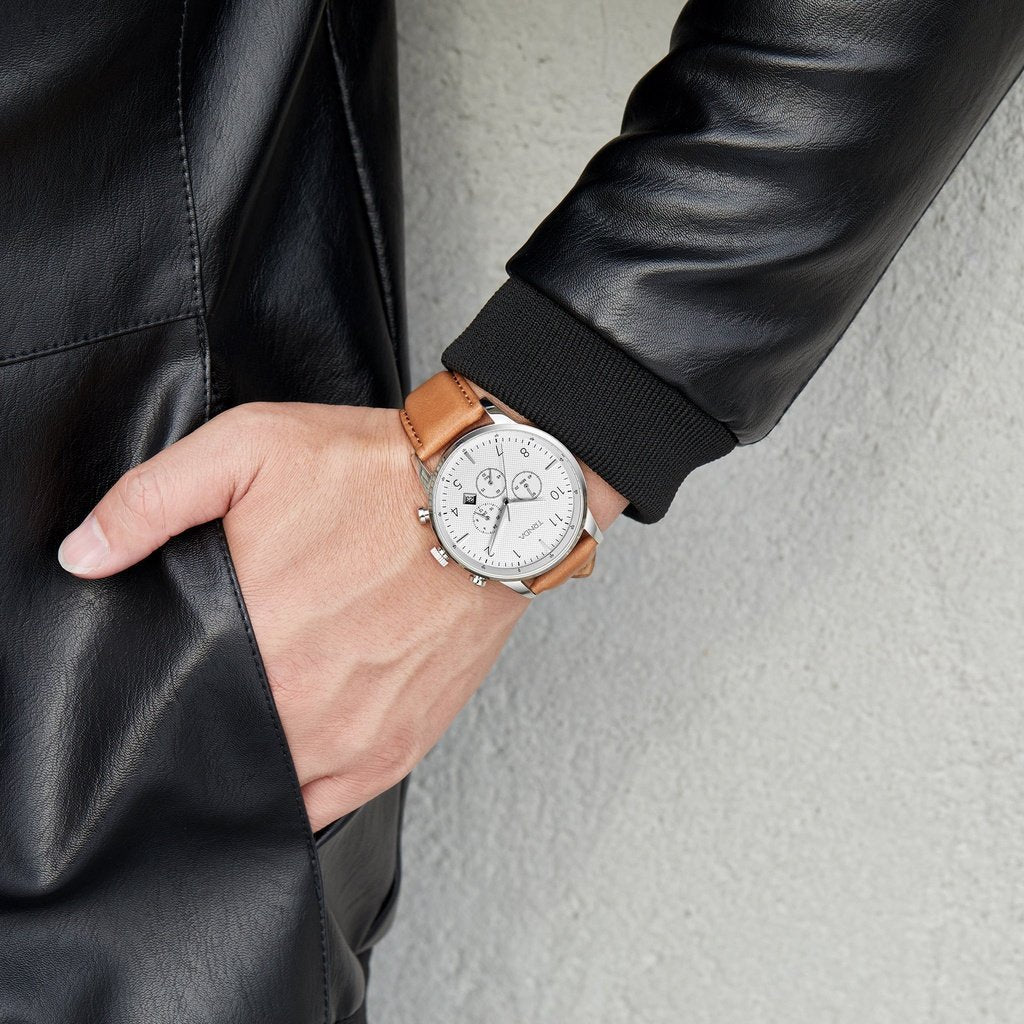 TRNDA Men's Stainless Steel Watch, Tan Leather Band | TRNDA43SS-1