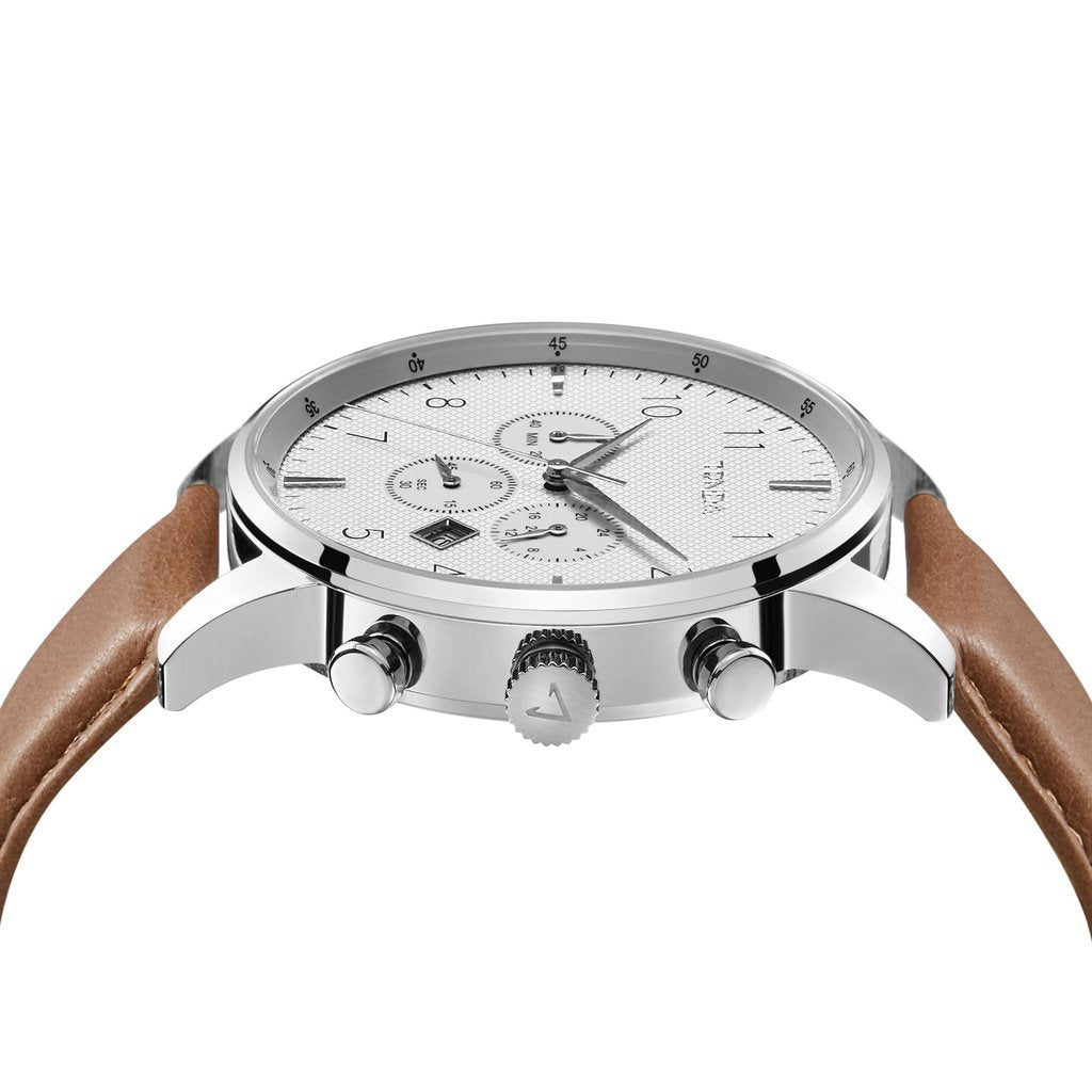 TRNDA Men's Stainless Steel Watch, Tan Leather Band | TRNDA43SS-2