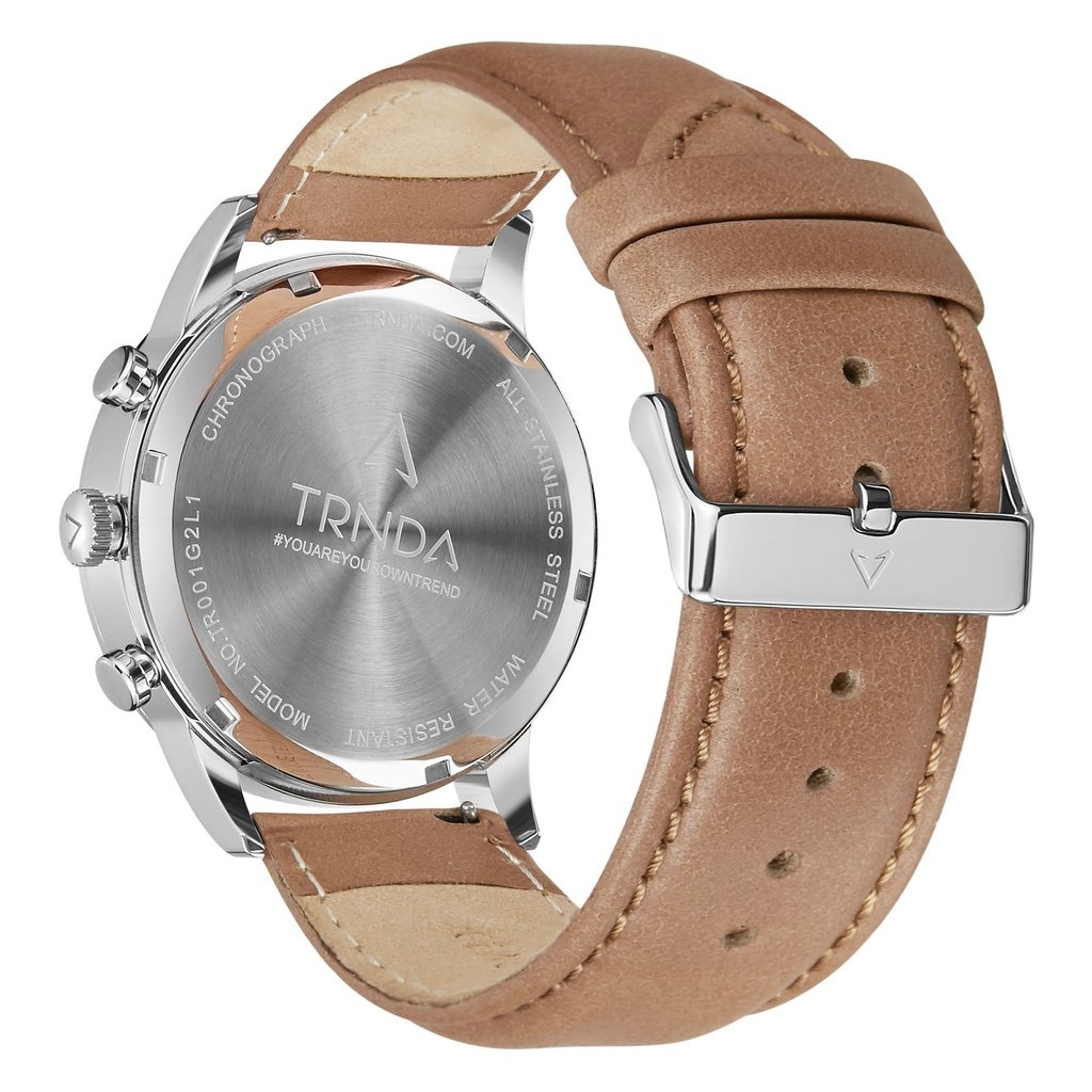 TRNDA Men's Stainless Steel Watch, Tan Leather Band | TRNDA43SS-3