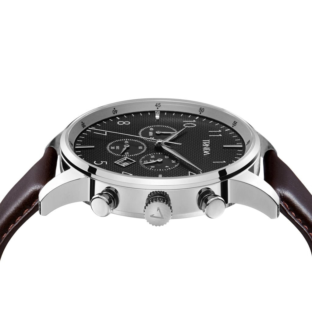 TRNDA Men's Stainless Steel Watch, Brown Leather Band | TM12345-2