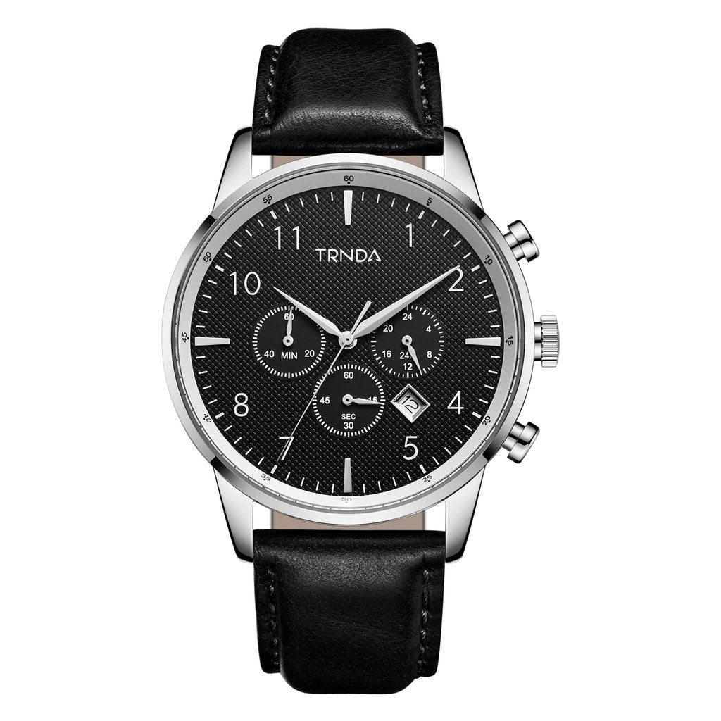 TRNDA Men's Stainless Steel Watch, Black Leather Band | TRNDA43MM-0