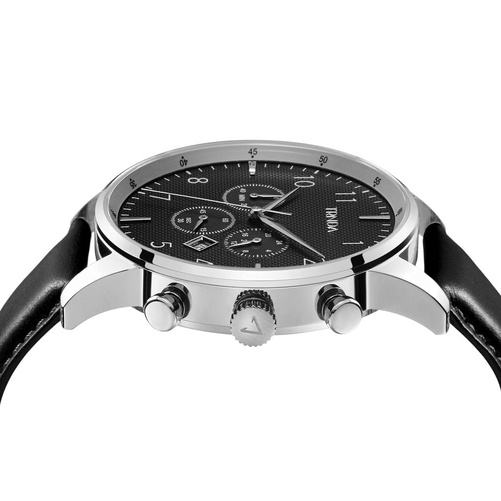 TRNDA Men's Stainless Steel Watch, Black Leather Band | TRNDA43MM-2