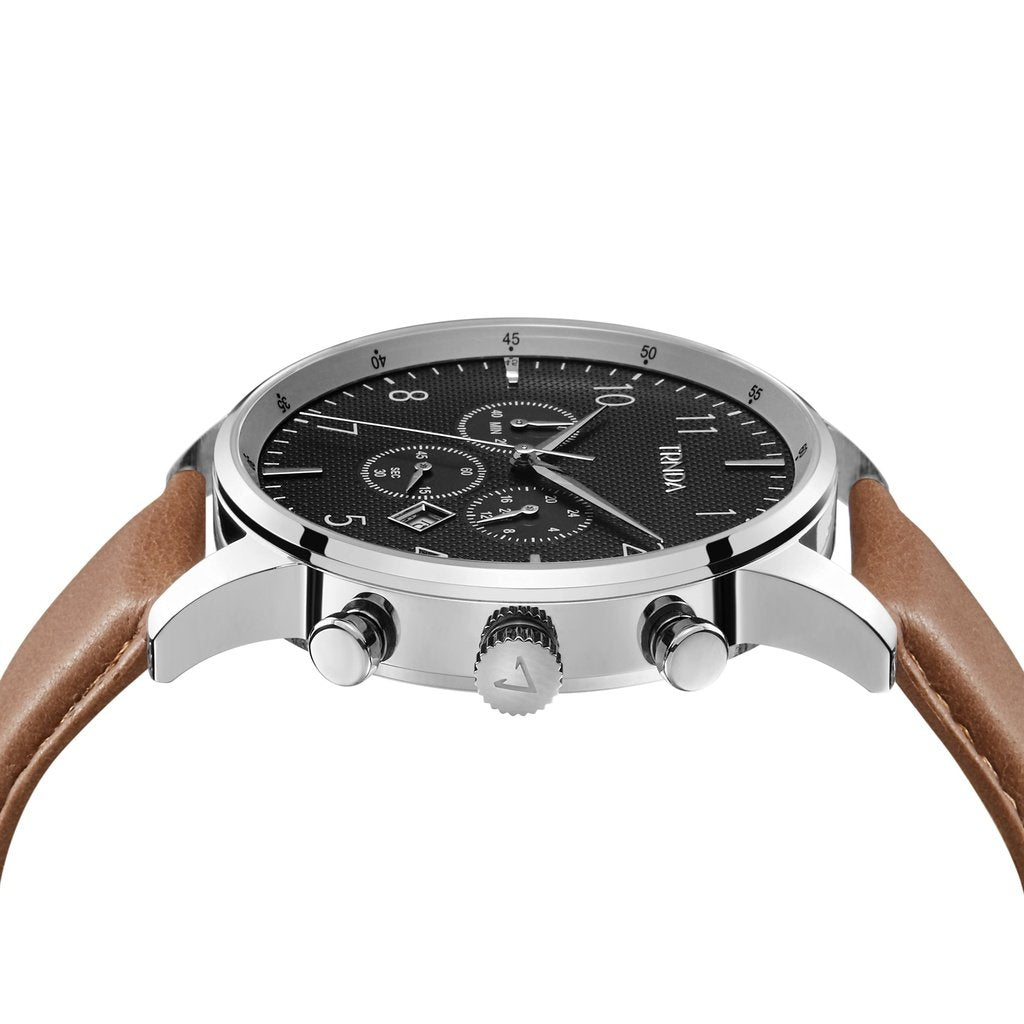 TRNDA Men's Stainless Steel Watch, Tan Leather Band | TR43SS-2