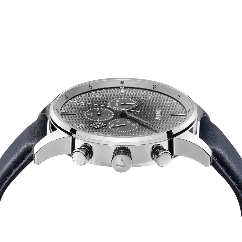 TRNDA Men's Stainless Steel Watch, Blue Leather Band | TRN43MM-2