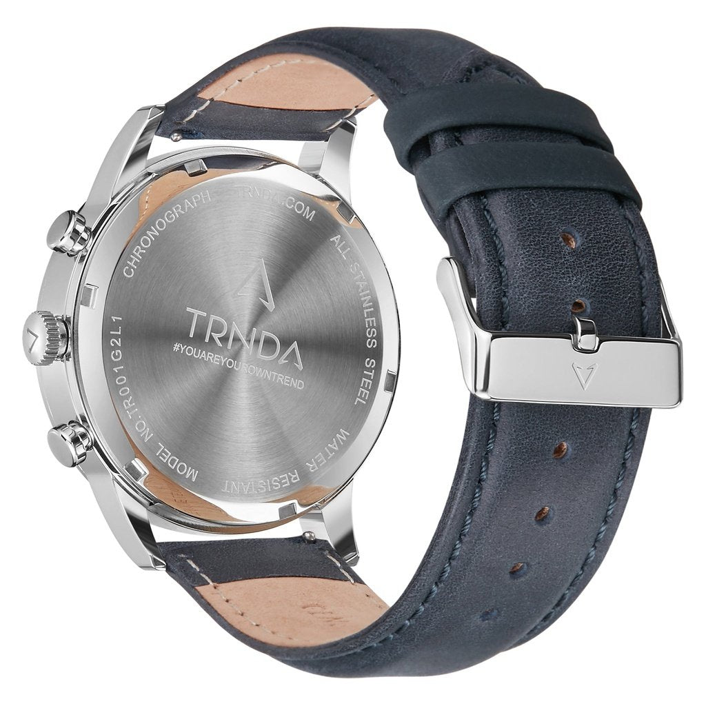 TRNDA Men's Stainless Steel Watch, Blue Leather Band | TRN43MM-3