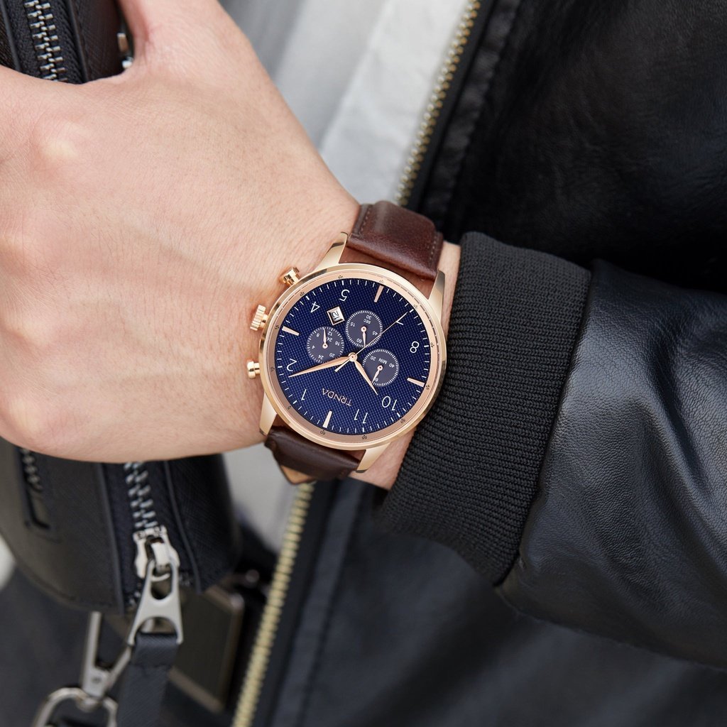 TRNDA Men's Rose Gold Stainless Steel Watch, Blue Dial | TRN-43RGDB-1