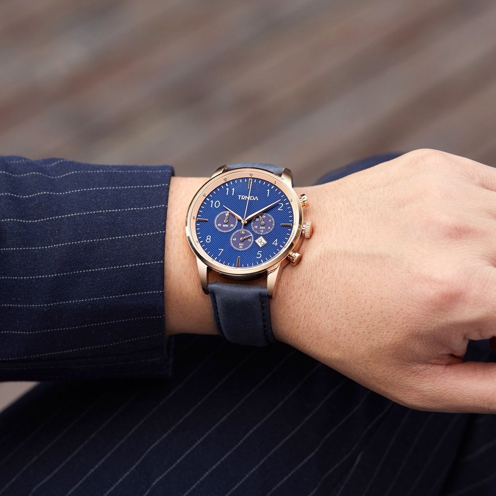 TRNDA Men's Rose Gold Stainless Steel Watch, Blue Leather Band | TRN-43RGLB-1