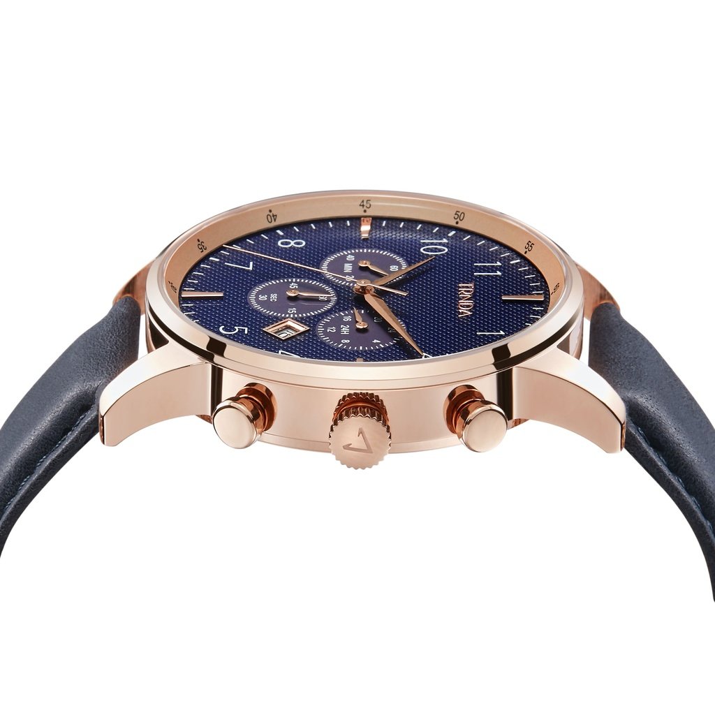 TRNDA Men's Rose Gold Stainless Steel Watch, Blue Leather Band | TRN-43RGLB-2