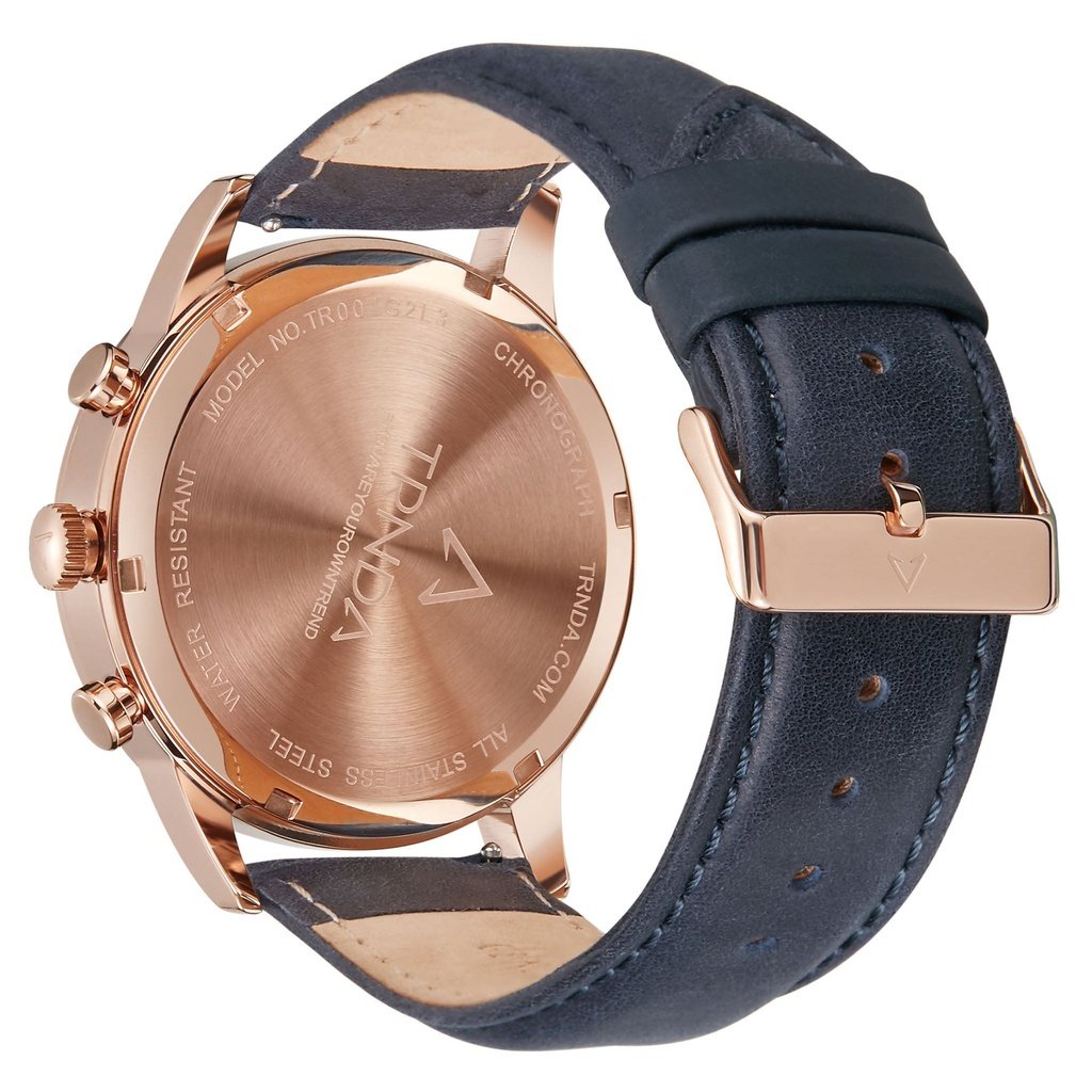 TRNDA Men's Rose Gold Stainless Steel Watch, Blue Leather Band | TRN-43RGLB-3