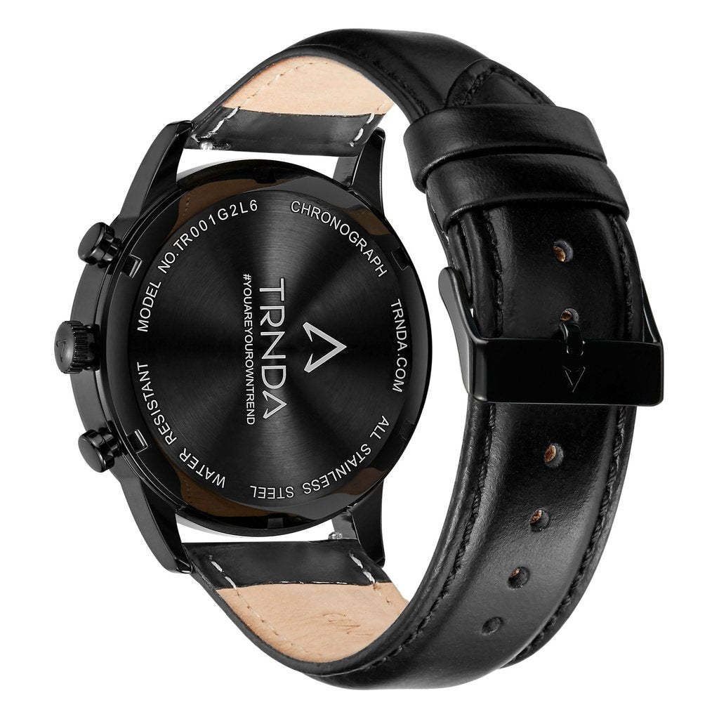 TRNDA Men's Stainless Steel Watch, Black Leather Band | TRNDA-43BL-3