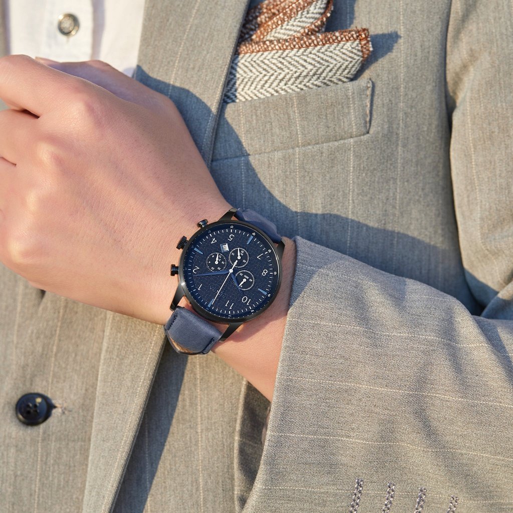 TRNDA Men's Black Stainless Steel Watch, Blue Leather Band | TRN-43DBL-1