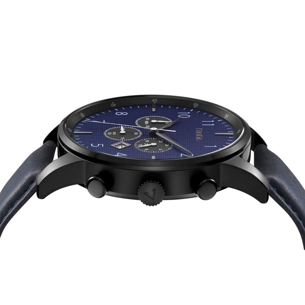 TRNDA Men's Black Stainless Steel Watch, Blue Leather Band | TRN-43DBL-2