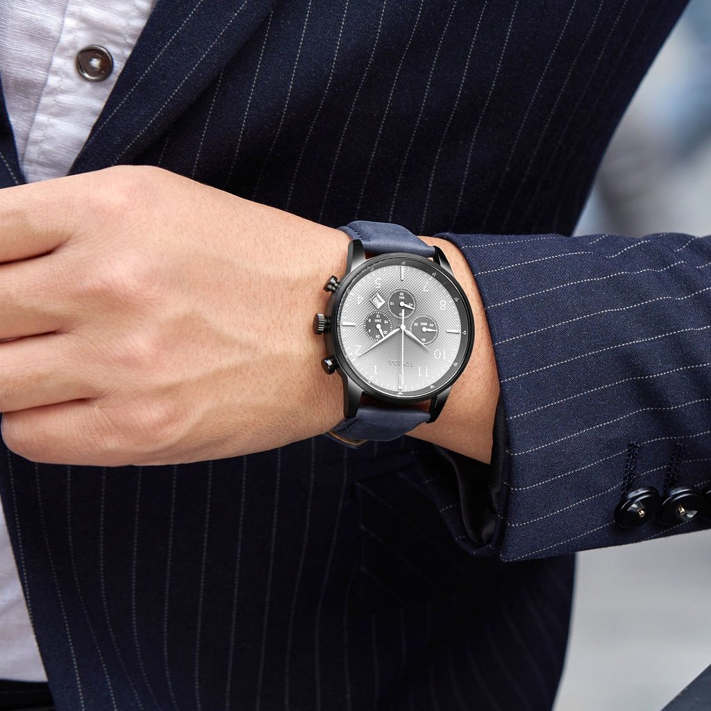 TRNDA Men's Black Stainless Steel Watch, Blue Leather Band | TRNDA43BL-1