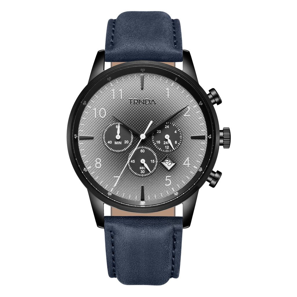 TRNDA Men's Black Stainless Steel Watch, Blue Leather Band | TRNDA43BL-0