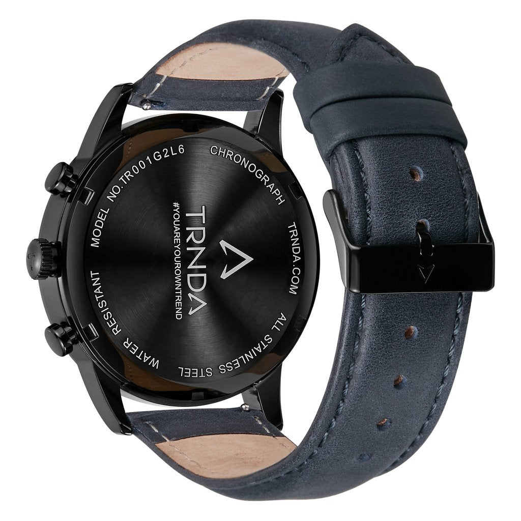TRNDA Men's Black Stainless Steel Watch, Blue Leather Band | TRNDA43BL-3