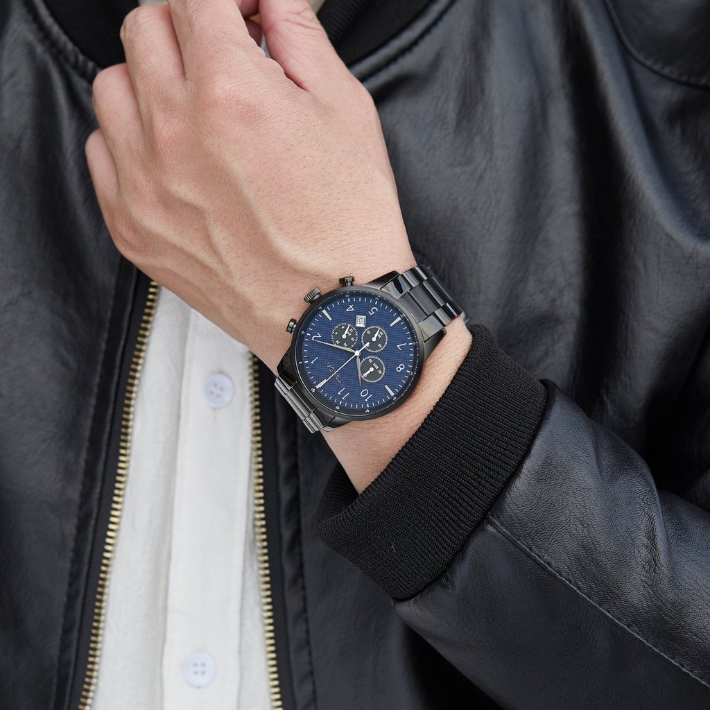 TRNDA Men's Black Stainless Steel Watch, Dark Blue Dial | TRNDA43B-1