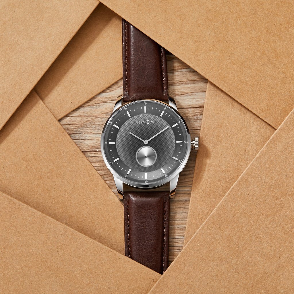 TRNDA Men's Stainless Steel Watch, Brown Leather Band | TRN-SS43-4