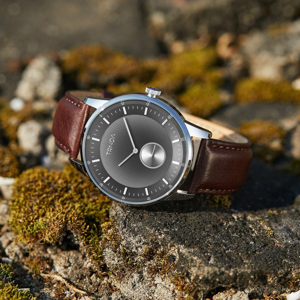 TRNDA Men's Stainless Steel Watch, Brown Leather Band | TRN-SS43-3