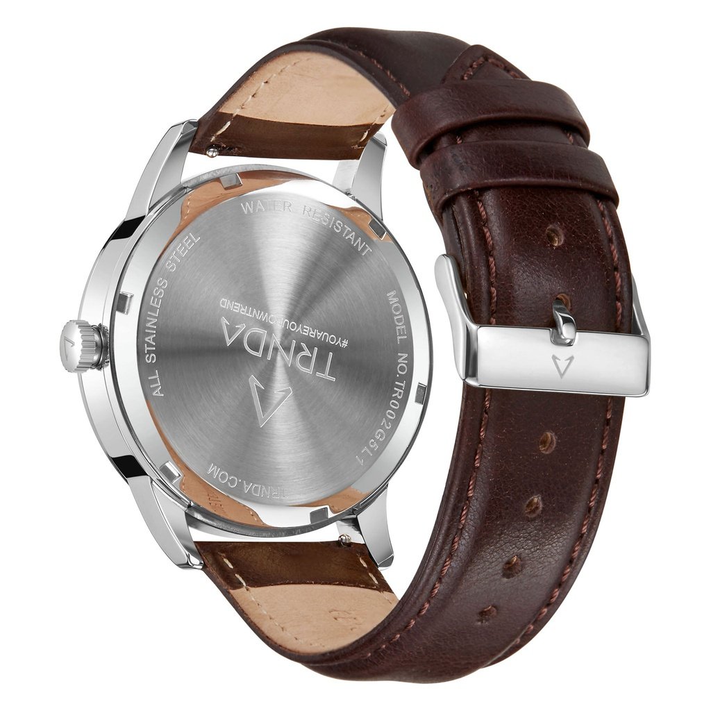 TRNDA Men's Stainless Steel Watch, Brown Leather Band | TRN-SS43-2