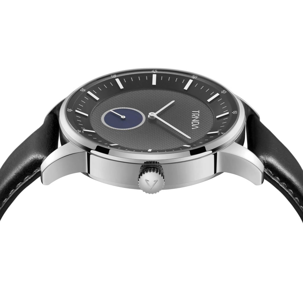 TRNDA Men's Stainless Steel Watch, Black Leather Band | TRN-43SL-2