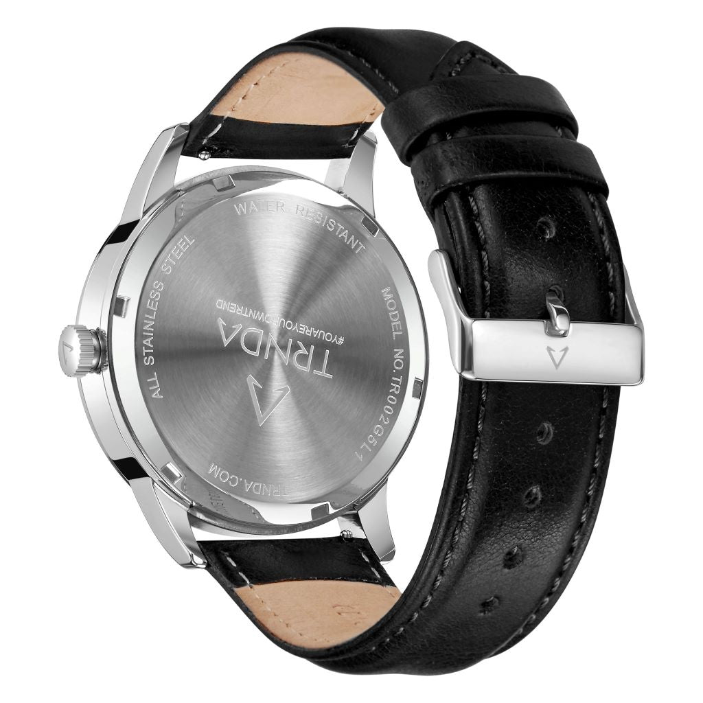 TRNDA Men's Stainless Steel Watch, Black Leather Band | TRN-43SL-3