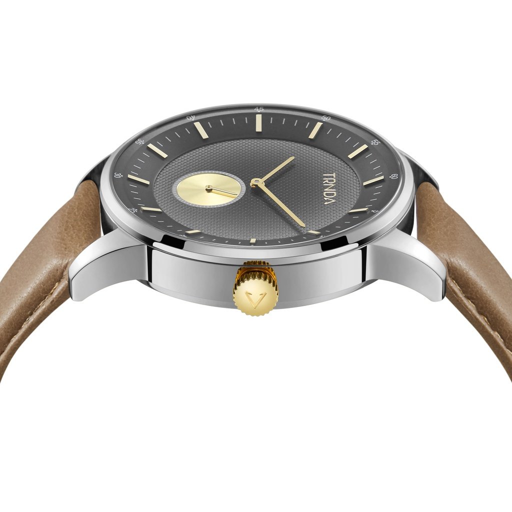 TRNDA Men's Stainless Steel Watch, Tan Leather Band | TRN-SS43-2