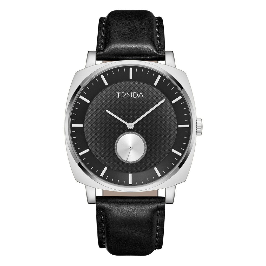 TRNDA Men's Stainless Steel Watch, Black Leather Band | TRNDA45MM-0
