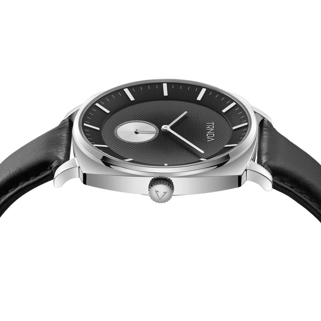 TRNDA Men's Stainless Steel Watch, Black Leather Band | TRNDA45MM-2