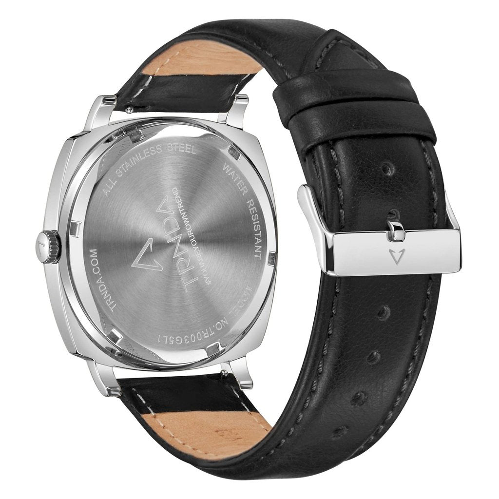 TRNDA Men's Stainless Steel Watch, Black Leather Band | TRNDA45MM-3
