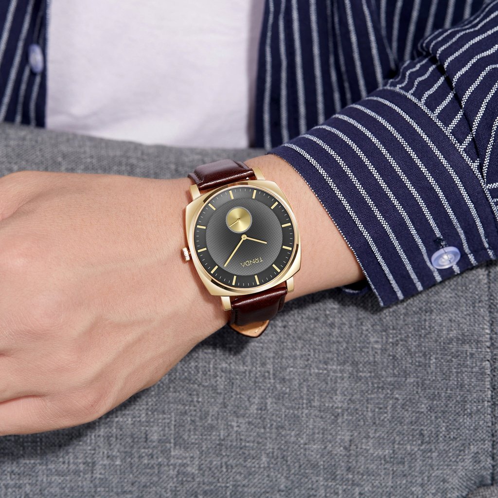 TRNDA Men's Gold Stainless Steel Watch, Brown Leather | TRN-001-1