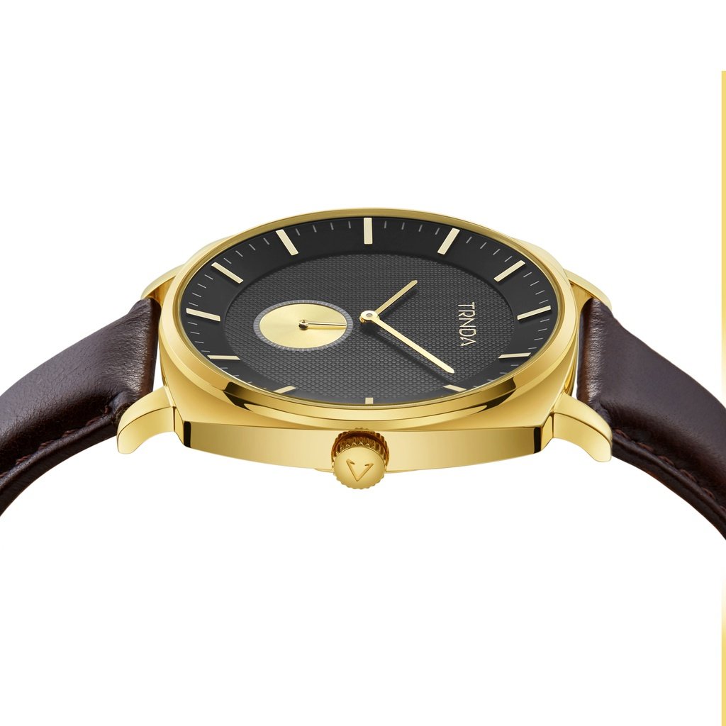 TRNDA Men's Stainless Steel Gold Watch, Brown Leather | TRN45MBL-1