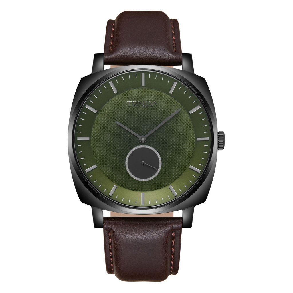 TRNDA Men's Stainless Steel Black Watch, Brown Leather | TRN45BDG-0