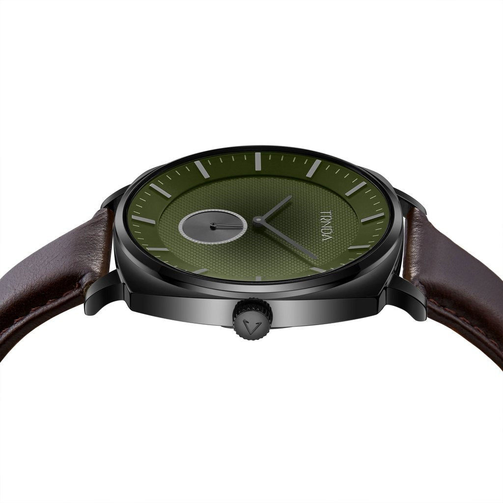 TRNDA Men's Stainless Steel Black Watch, Brown Leather | TRN45BDG-2