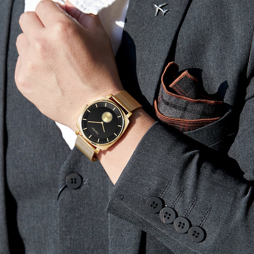 TRNDA Men's Gold Stainless Steel Watch, Black Dial | TRN-SS45G-1