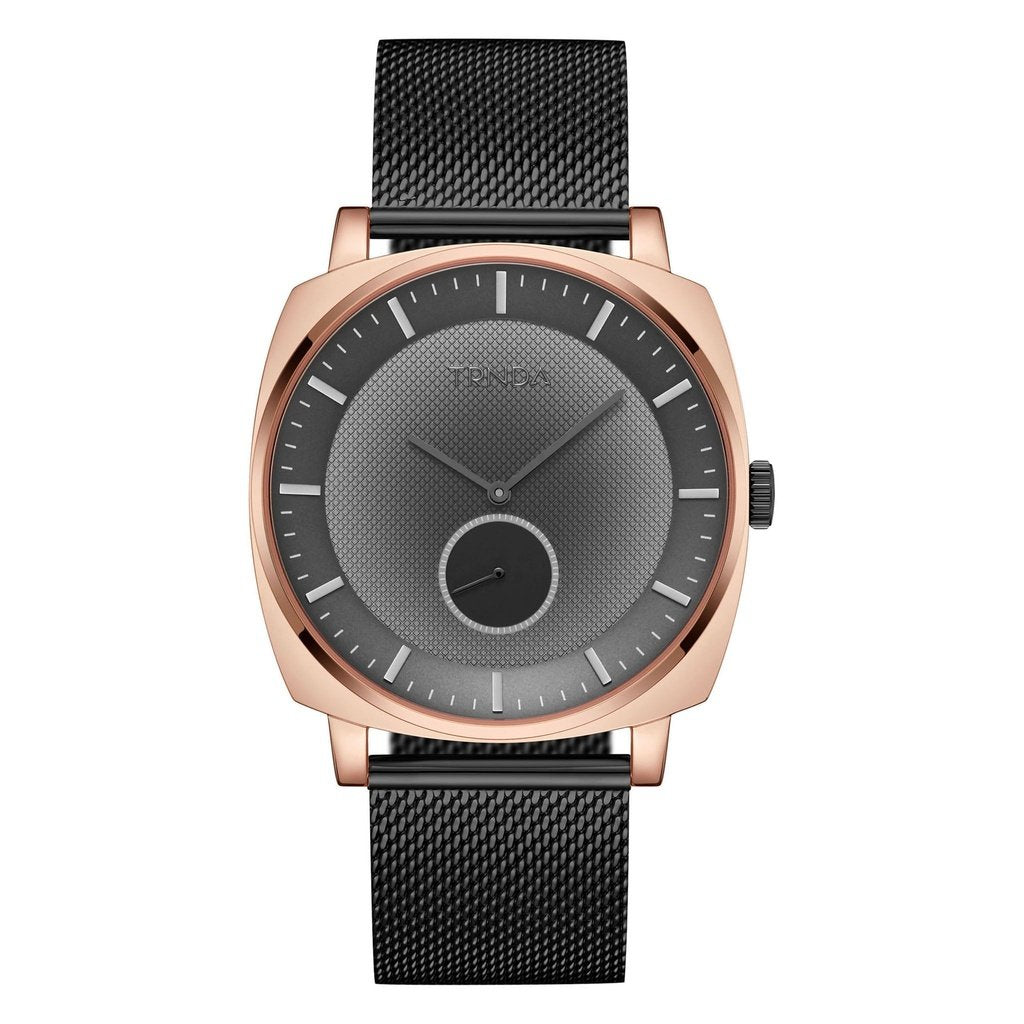 TRNDA Men's Rose Gold Stainless Steel Watch, Black Mesh Band | TRNDA45MM-0