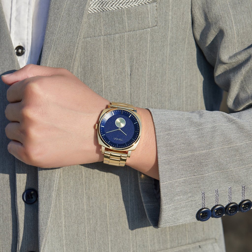TRNDA Men's Gold Stainless Steel Watch, Blue Dial | TR45GDB-1