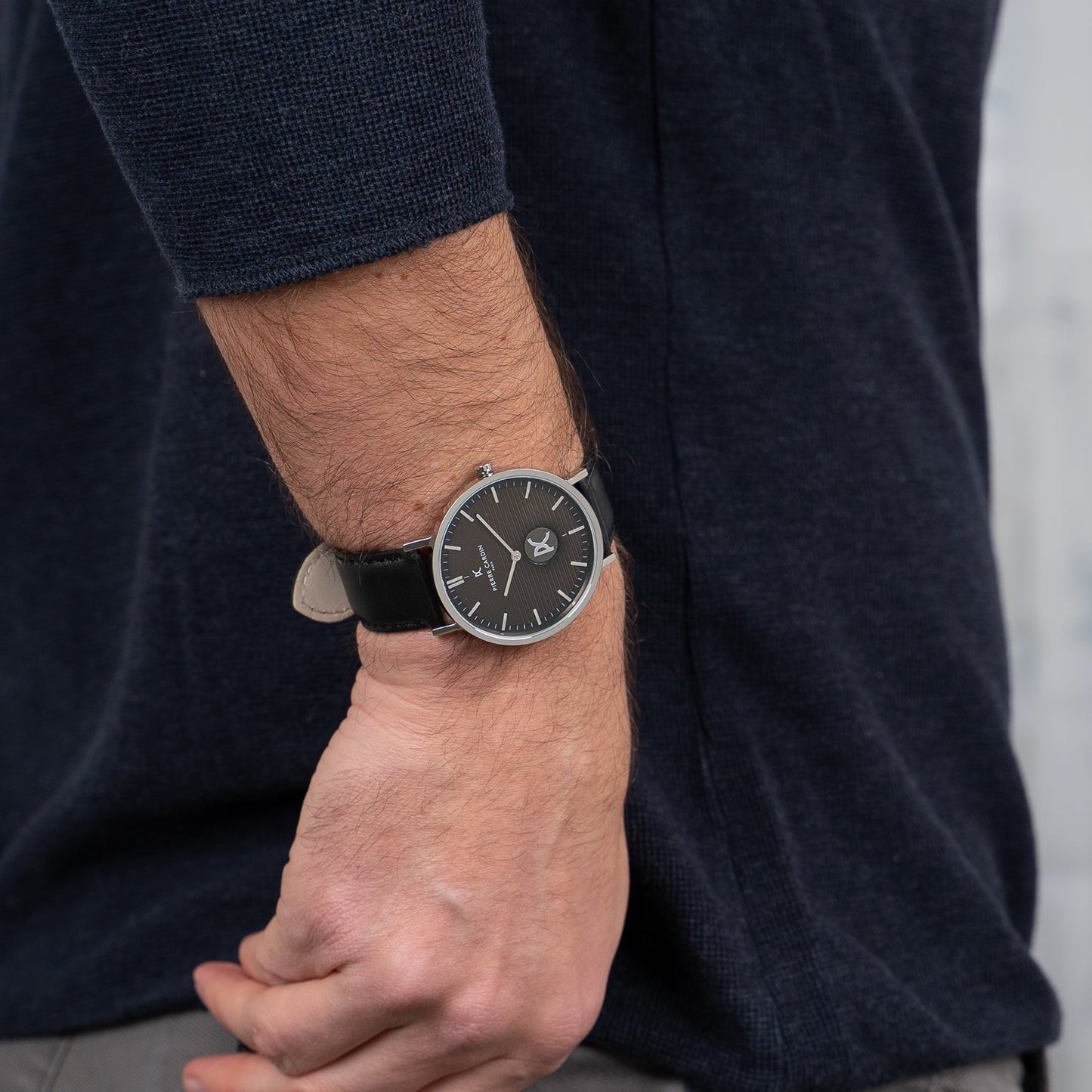Pierre Cardin Men's Black Leather Watch, Silver Case | CBV.1049-4