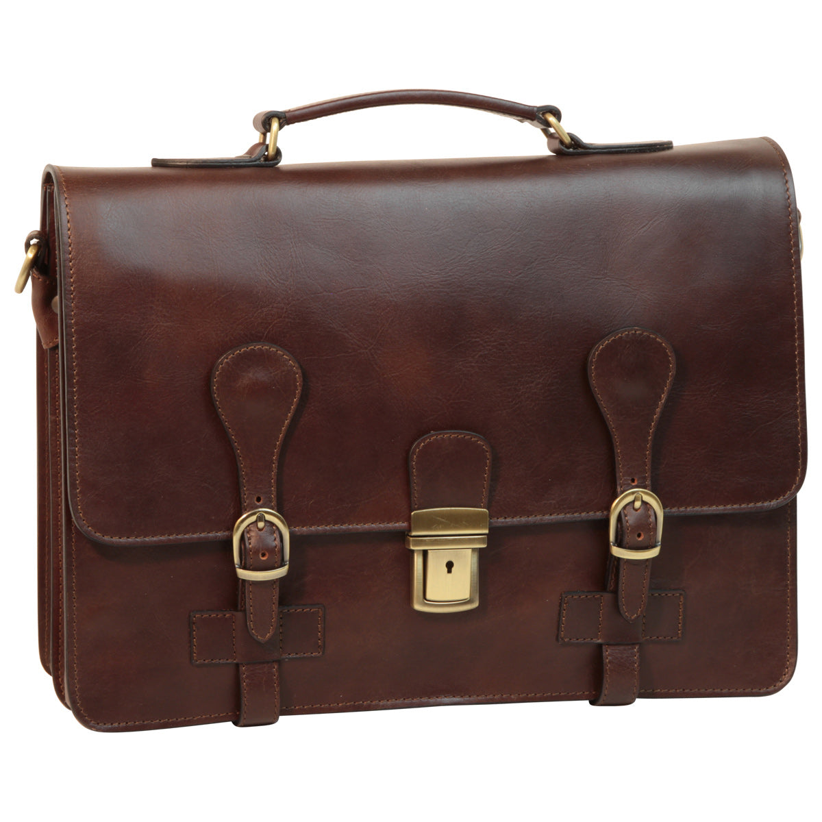 Leather Briefcase with buckle closures - Dark Brown-0
