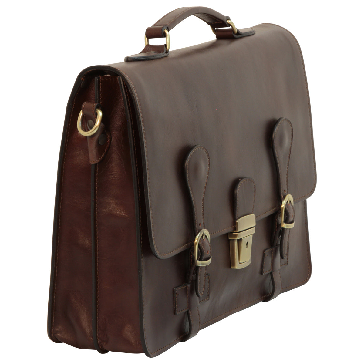 Leather Briefcase with buckle closures - Dark Brown-1