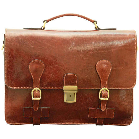 Leather Briefcase with buckle closures - Brown-0