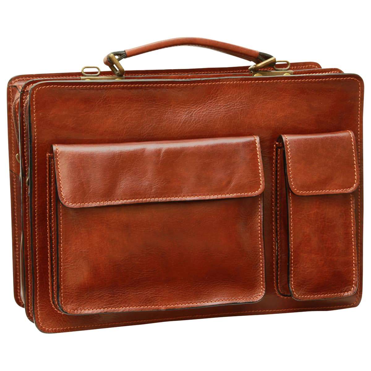 Leather Briefcase with 2 front pockets - Brown-0