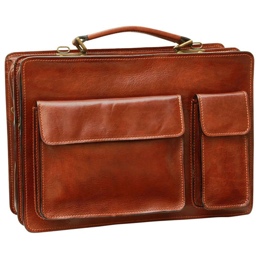 Leather Briefcase with 2 front pockets - Brown-0