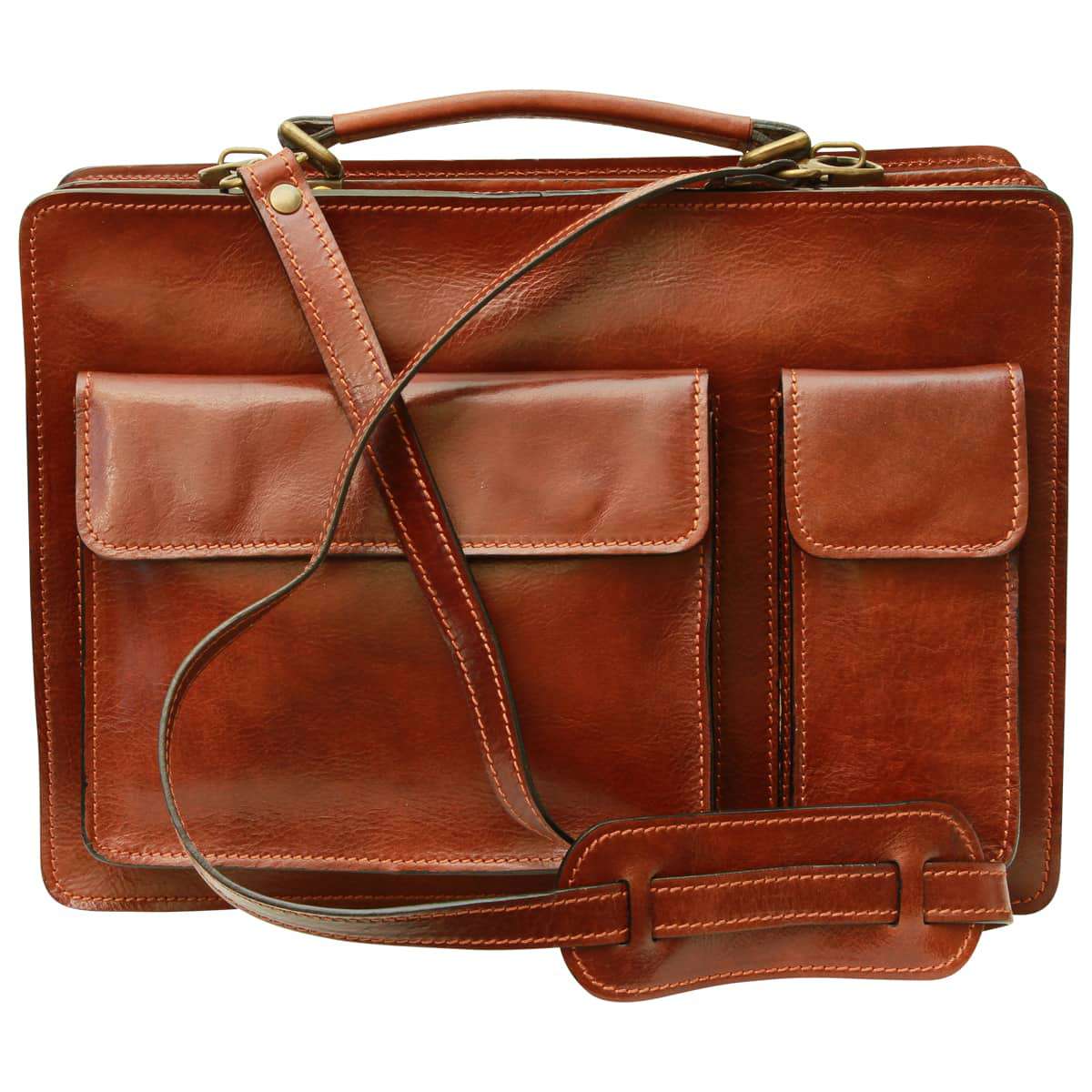 Leather Briefcase with 2 front pockets - Brown-1