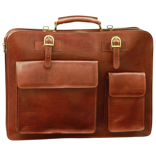 Leather Briefcase with front pockets (magnetic lock) - Brown-0