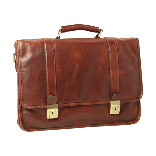 Soft Calfskin Leather Briefcase with shoulder strap - Mahogany Brown-0